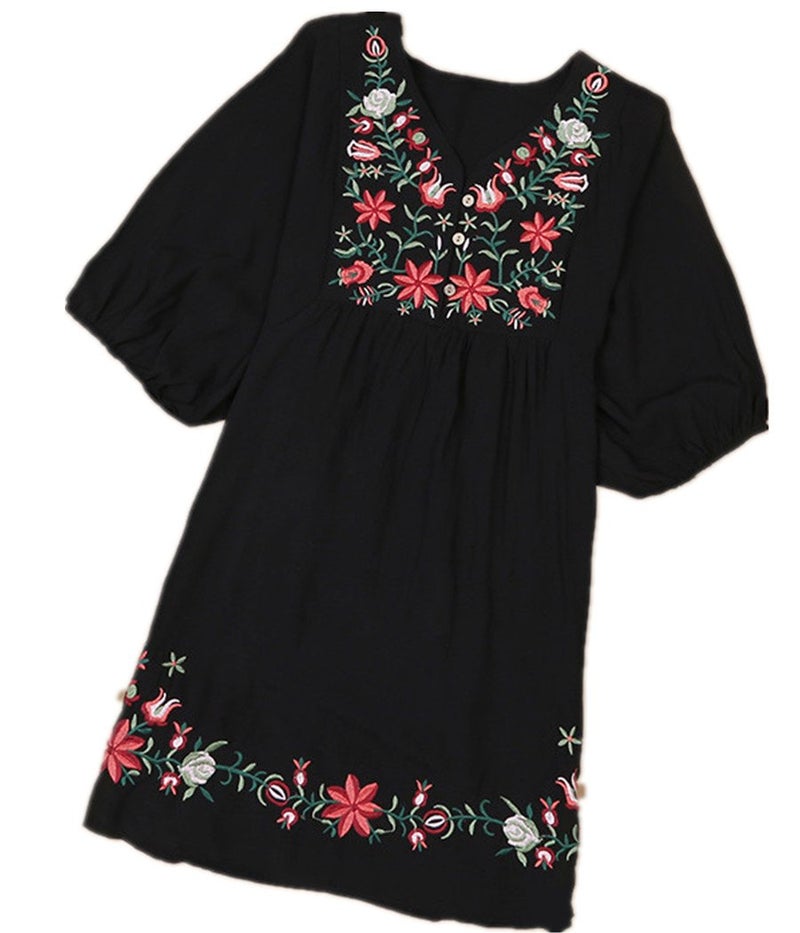 Kafeimali Summer Dress V Neck Mexican Embroidered Peasant Women's Dressy Tops Blouses (Black) - Image 1